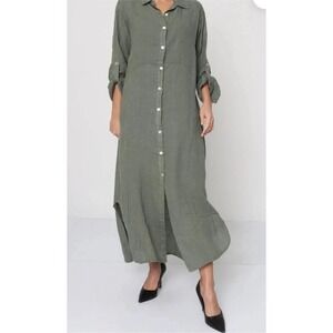 Made In Italy 100% Linen Button Down Shirt Dress Sz M/L Olive Green
